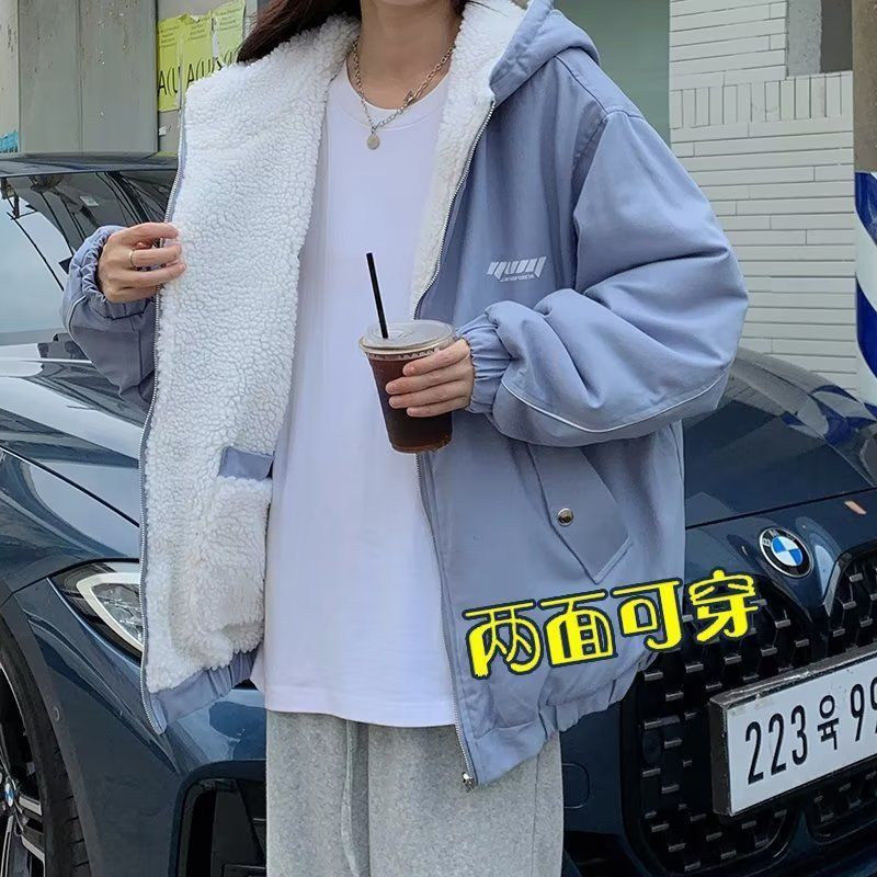 25C12C9潮牌两面穿棉服新款冬季情侣加绒棉衣设计感羊羔毛绒外套