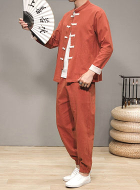 25A7A11中国风棉麻唐装套装秋季复古风盘扣衬衫外套束脚裤两件套