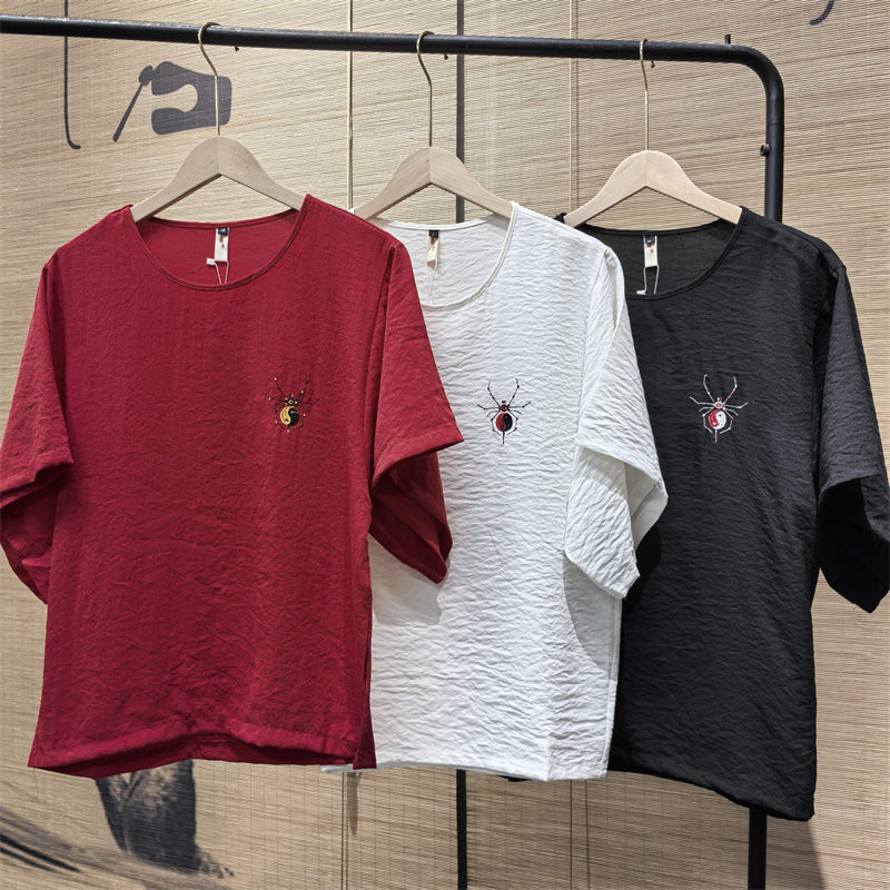 25B7B1新中式冰丝刺绣短袖t恤夏季纯色速干圆领上衣服休闲体恤衫