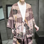 潮流复古仙鹤印花汉服披风开衫 25C8D1夏季 中国风斜襟冰丝速干衬衫