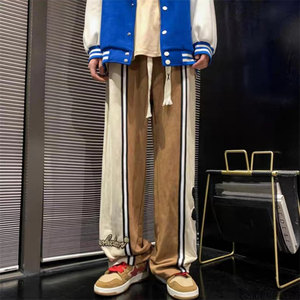 美式撞色麂皮绒刺绣卫裤男潮牌复古阔腿裤子春秋宽松垂感休闲长裤