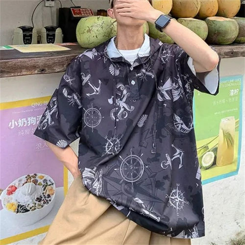夏威夷花色套头连帽短袖体恤