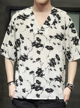 25D6A2新中式冰丝碎花短袖夏季高级感穿搭痞帅复古印花体恤上衣服