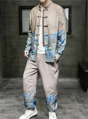 24A13B5中国风冰丝垂感唐装汉服灯笼裤中式复古风斜襟盘扣居士服