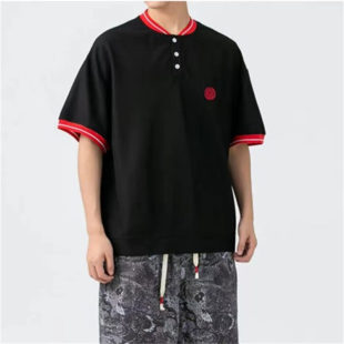 宽松透气潮流百搭短袖 春夏季 上衣 复古刺绣撞色T恤衫 26C3A2男士