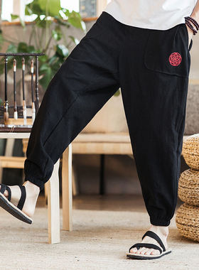 25A11C7唐装休闲裤子中国风刺绣棉麻九分裤宽松复古风束脚灯笼裤