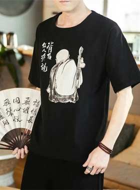 T21夏季新中式棉麻个性t恤中国风佛系印花潮流半袖复古风短袖上衣