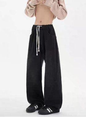 8538秋冬季新款美式复古牛仔裤男潮牌痞帅直筒宽松阔腿休闲长裤子