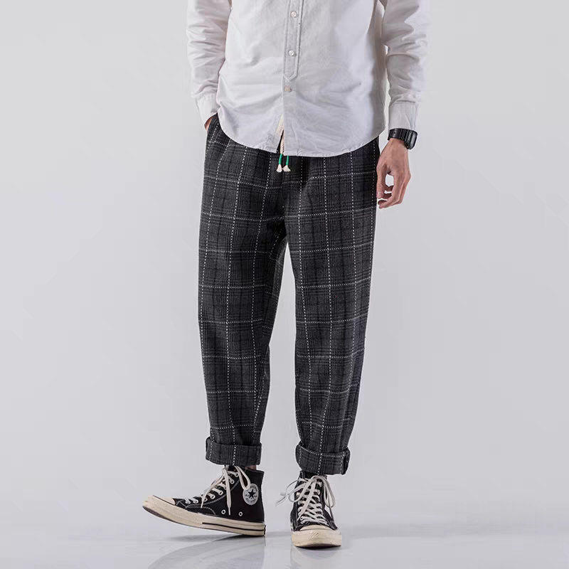 潮流复古粗布垂感格子休闲裤