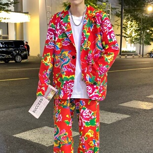 26A11C8新中式潮流个性炫酷印花小西服两件套东北大花发型师套装