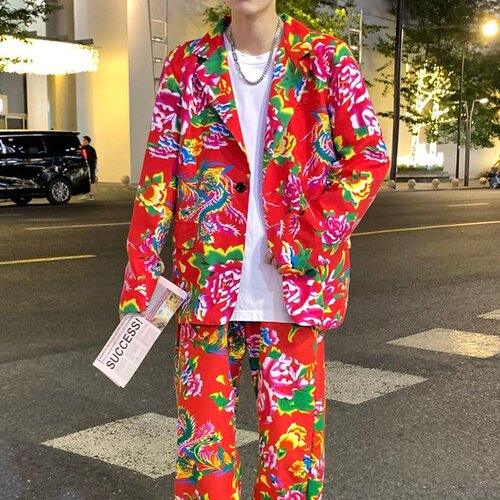 新中式个性炫酷印花小西服两件套
