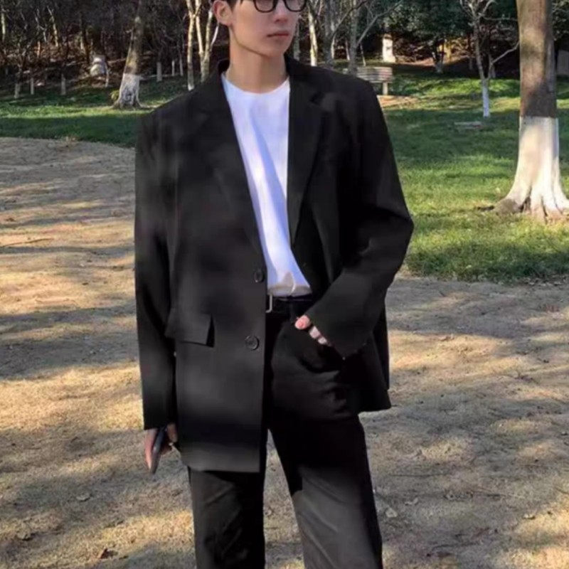 25A6B7美式休闲西服秋冬季休闲垫肩纯色西装男生痞帅廓形正装外套