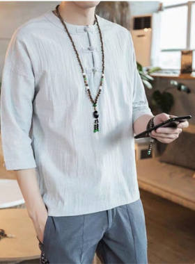 夏季中国风男装亚麻短袖唐装