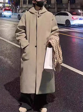 25C11C7冬季新款毛呢大衣男女过膝长款宽松潮流情侣连帽呢料外套