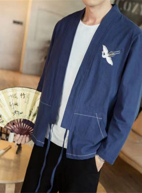 26A6A2春夏新款男士仙鹤刺绣唐装改良外套中国风复古汉服开衫道袍
