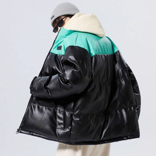 WT09潮牌PU皮拼色棉衣冬季 情侣宽松棉袄男女痞帅休闲立领棉服 美式