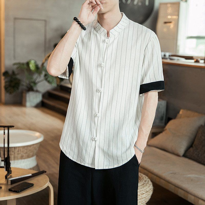 中国风棉麻男装条纹禅服衬衫