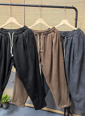 25C1A3新中式双面绒休闲运动裤秋冬季阔腿哈伦裤宽松大码复古卫裤