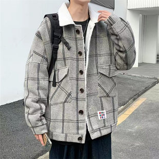 26B3A1加绒厚款毛呢冬装外套潮流呢子上衣翻领帅气宽松保暖情侣装