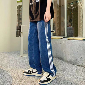 2023秋季新款条纹牛仔裤男女美式高街直筒长裤潮牌复古水洗休闲裤