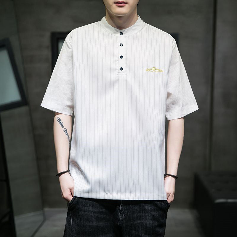 25A12A1夏季休闲亚麻短袖T恤国潮条纹简约百搭半袖衫刺绣立领t恤