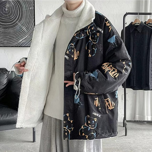 25A2C5两面穿棉衣男冬季 潮流学生帅气棉服青少年仿羊羔毛加绒外套