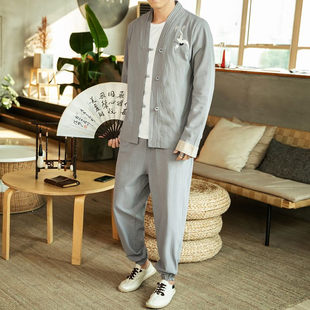 春夏季 26A12C1中国风男装 中式 棉麻套装 汉服刺绣两件套 复古风唐装