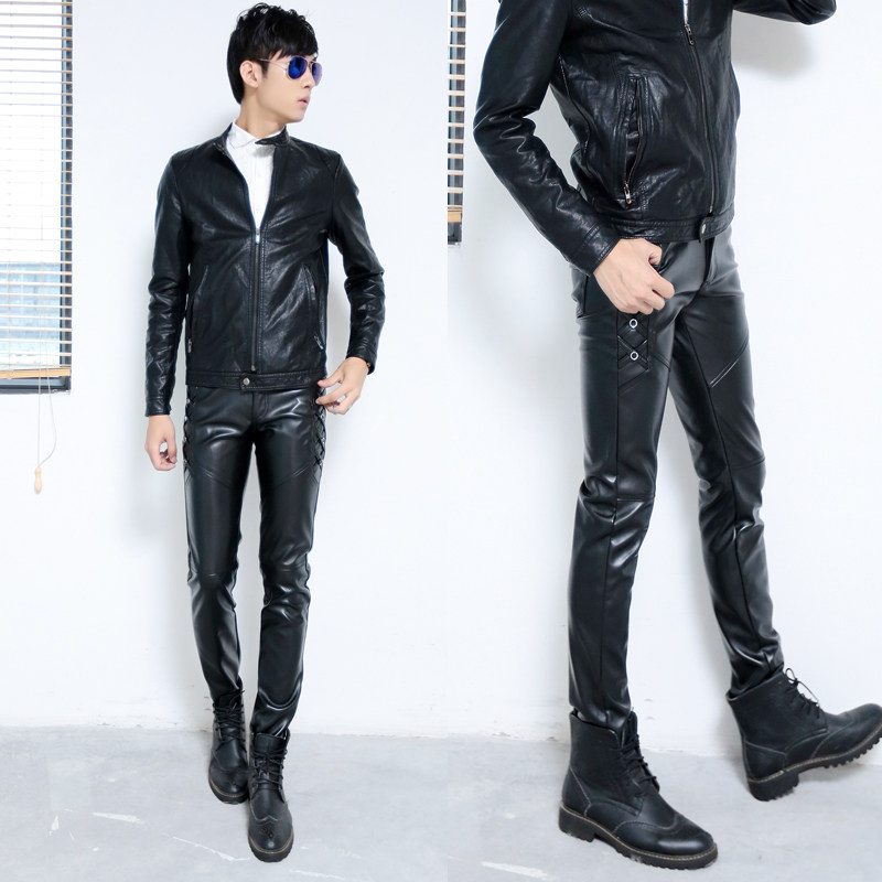 全皮秋冬季個性休閑男士修身潮流PU皮拼接褲韓版簡約型男皮褲長褲在類目 男裝, 皮褲中 - 來自Buy2taobao.com提供專業的淘寶代購服務