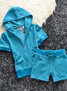 显瘦夏季纯棉连帽休闲运动服套装女士短袖短裤修身套头卫衣两件套