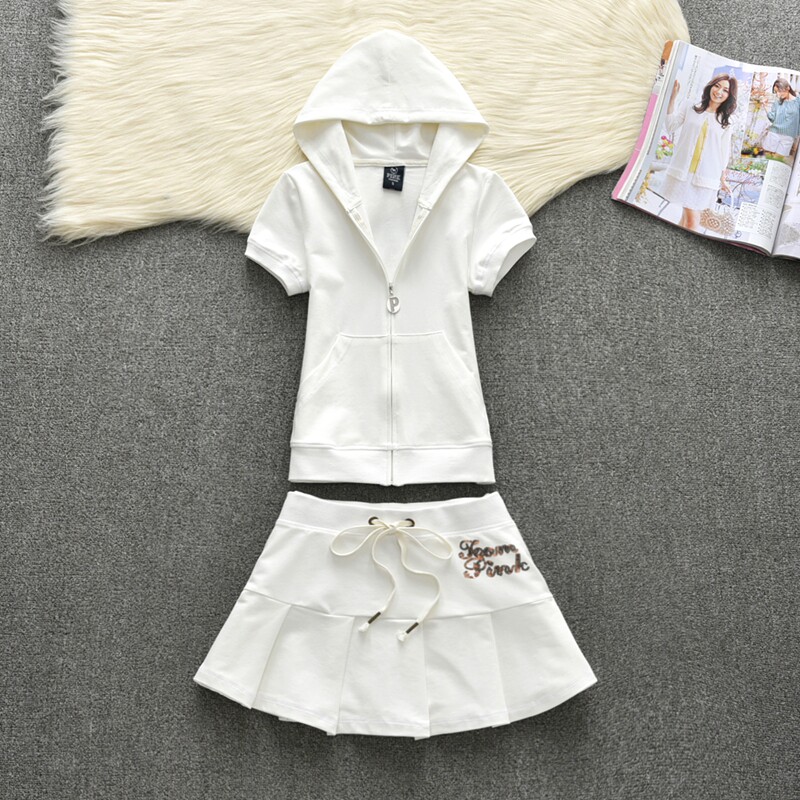 显瘦夏季纯棉连帽休闲运动服套装女士短袖短裤修身卫衣两件套绣花