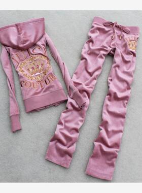 juicy coconut春秋款天鹅绒运动套装女士长袖卫衣连帽长裤绣花钻