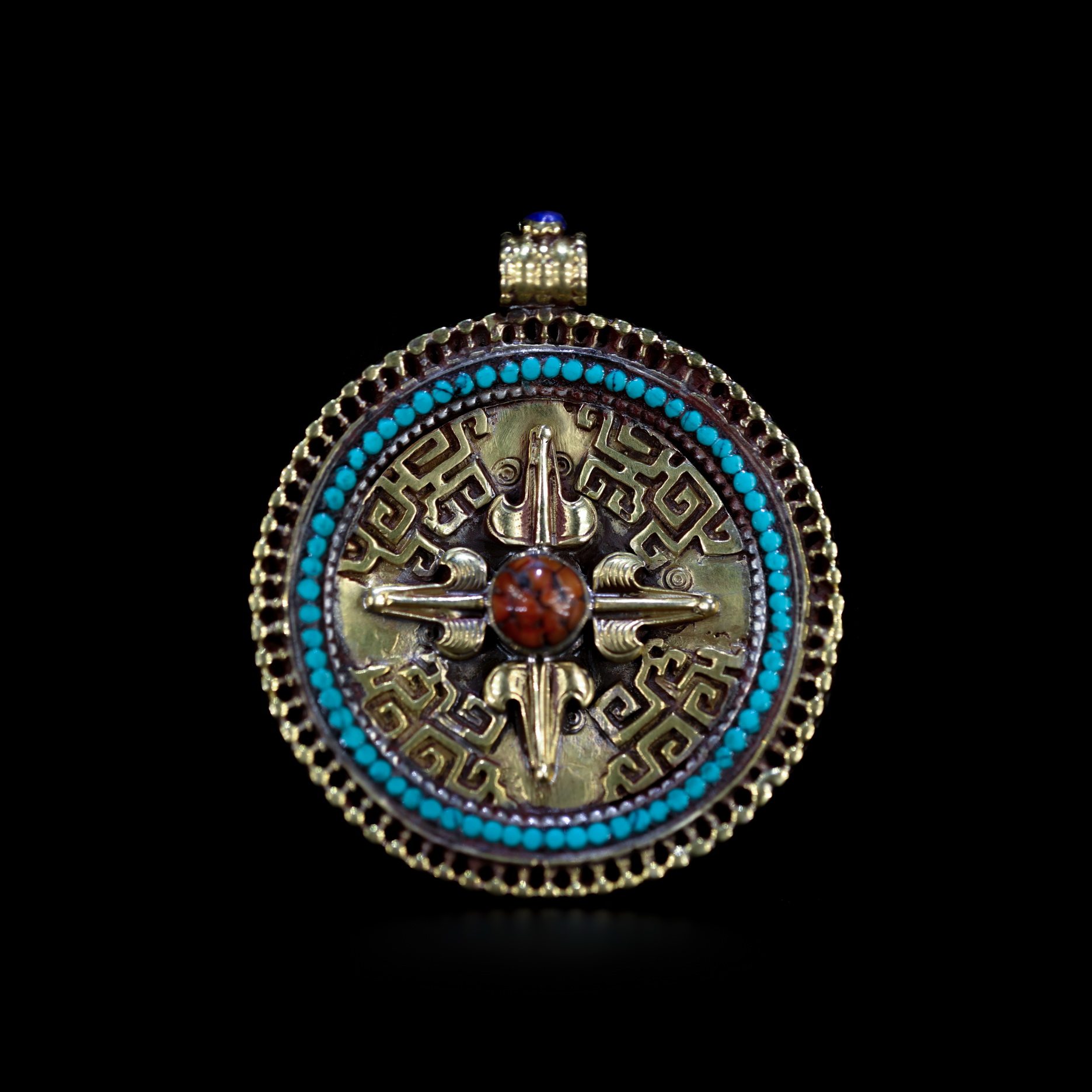 尼泊尔铜鎏银镶嵌宝石十字金刚杵佛牌挂饰