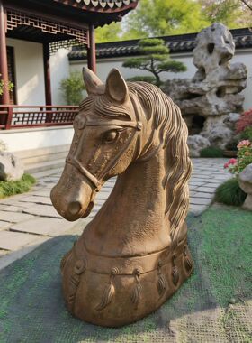 仿古马头摆件天然青石雕刻摆件庭院别墅花园装饰品