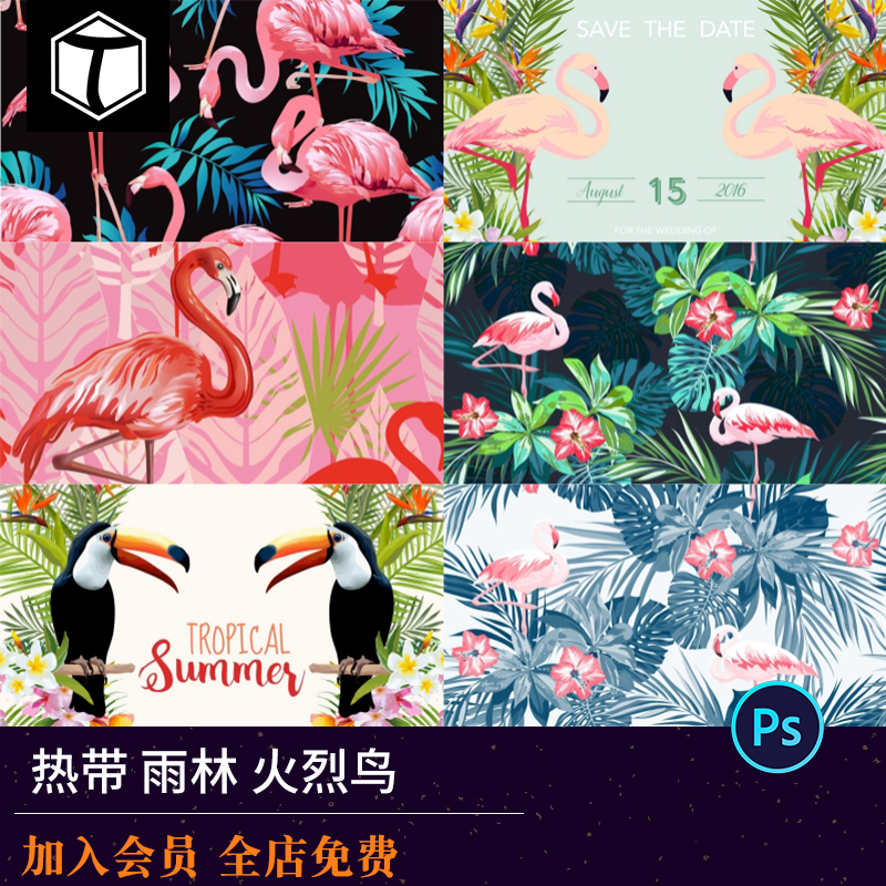 夏季热带火烈鸟棕榈时尚流行T恤手机壳印花图案背景包装矢量素材