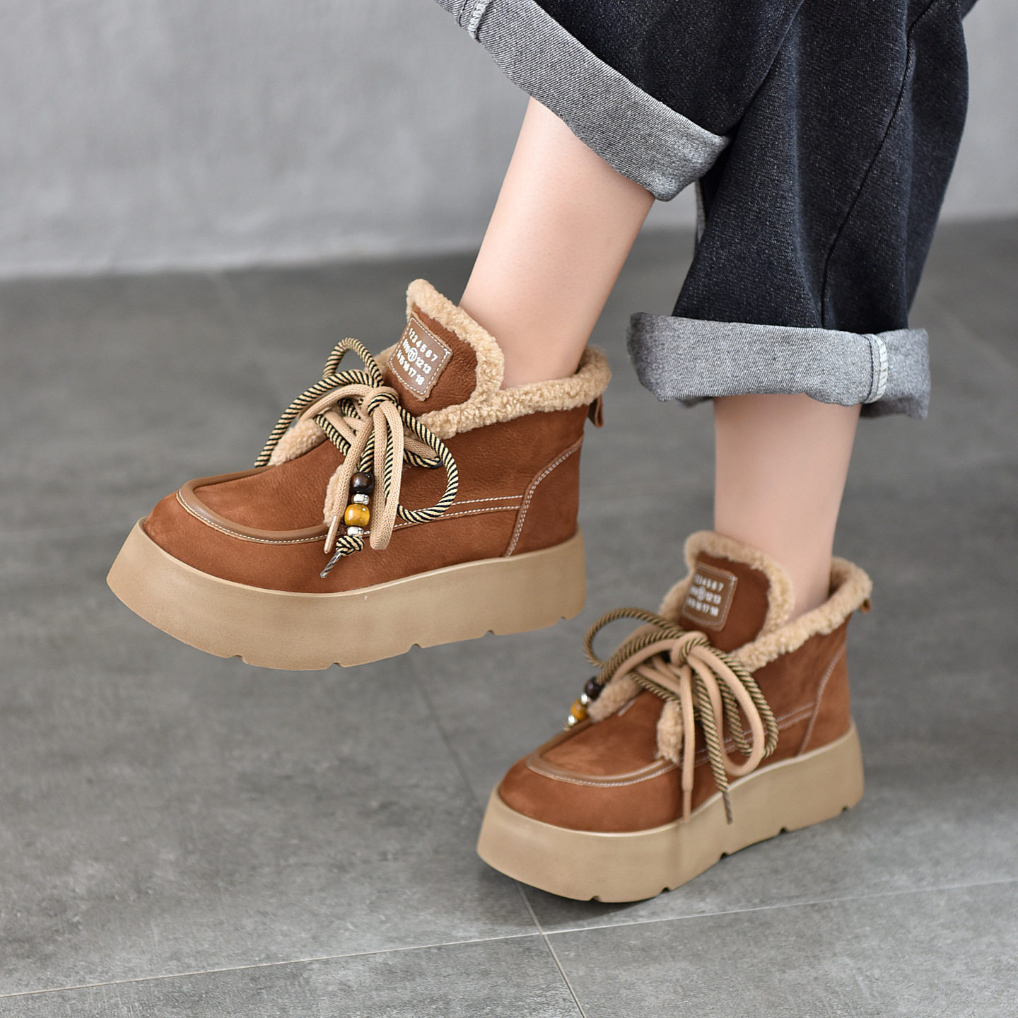 加厚加绒高帮棉鞋女式雪地靴真皮系带休闲马丁靴头层牛皮厚底短靴