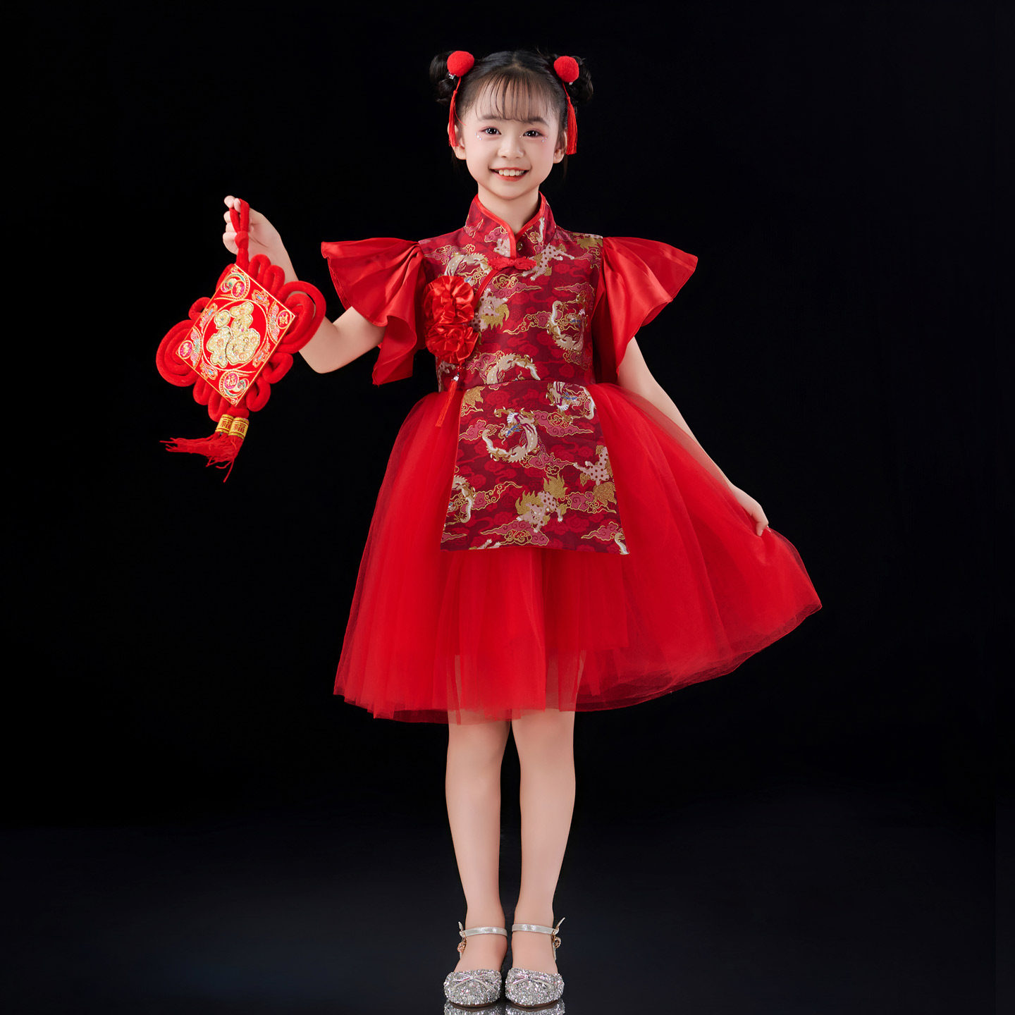 2025新款元旦少儿中国红喜庆中国结舞蹈蓬蓬裙公主裙爵士舞现货,童装/婴儿装/亲子装,儿童礼服,淘宝优惠券,粉丝福利购,淘宝优惠卷