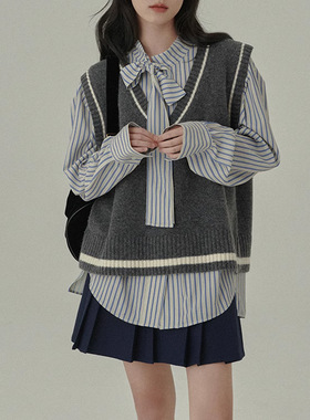 法国CherryKoko超精致！文艺少女 氛围感蝴蝶结宽松条纹衬衫上衣