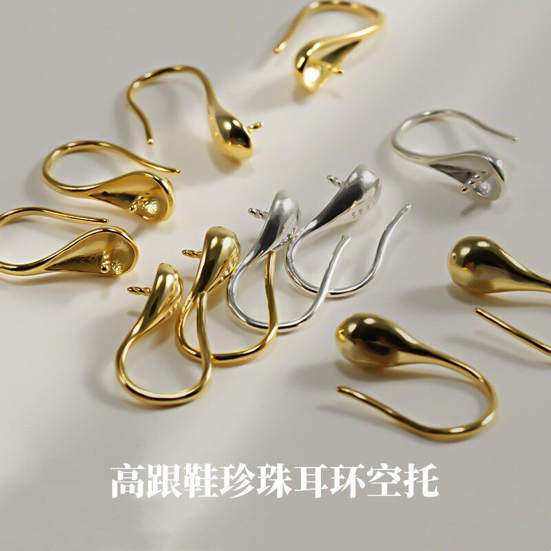 英国设计师topwhits925银高跟鞋珍珠耳钉首饰配件耳钩带针空托