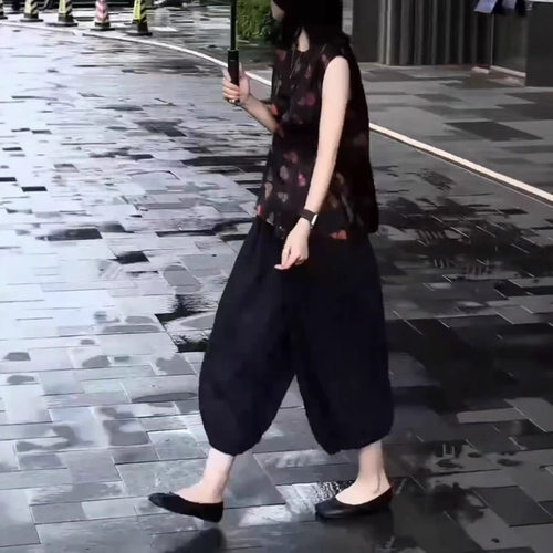 法国chrry koop夏季新款复古印花无袖上衣休闲哈伦裤洋气女