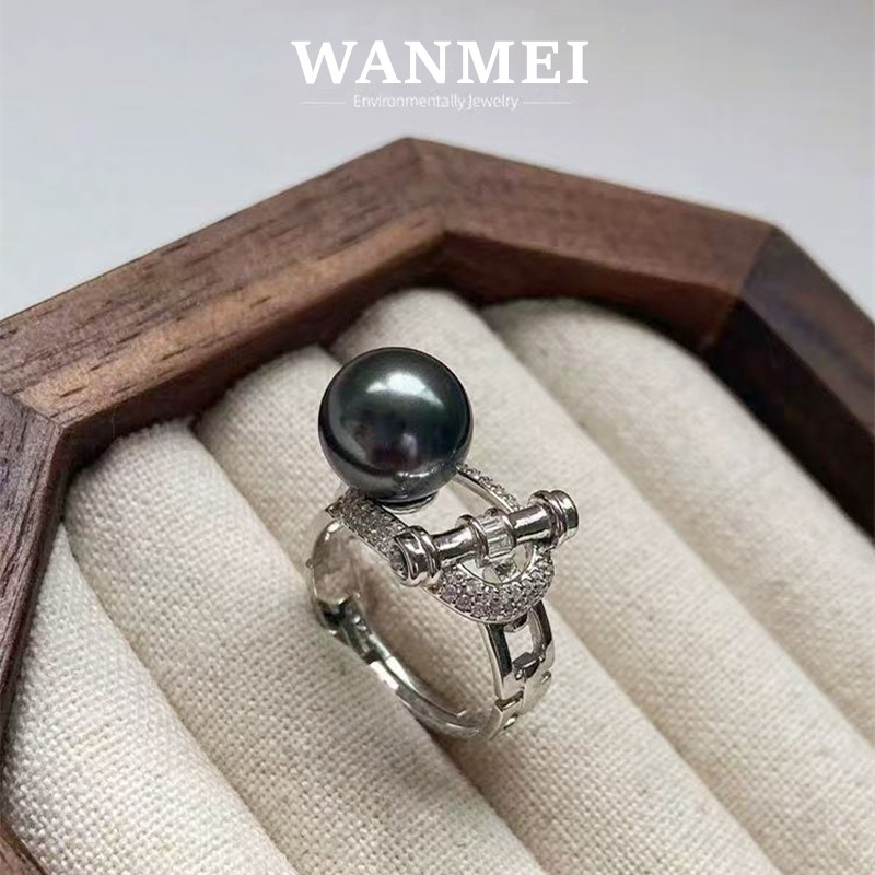 英国设计师topwhits925银马蹄ot扣珍珠戒指女重工满钻个性高级感
