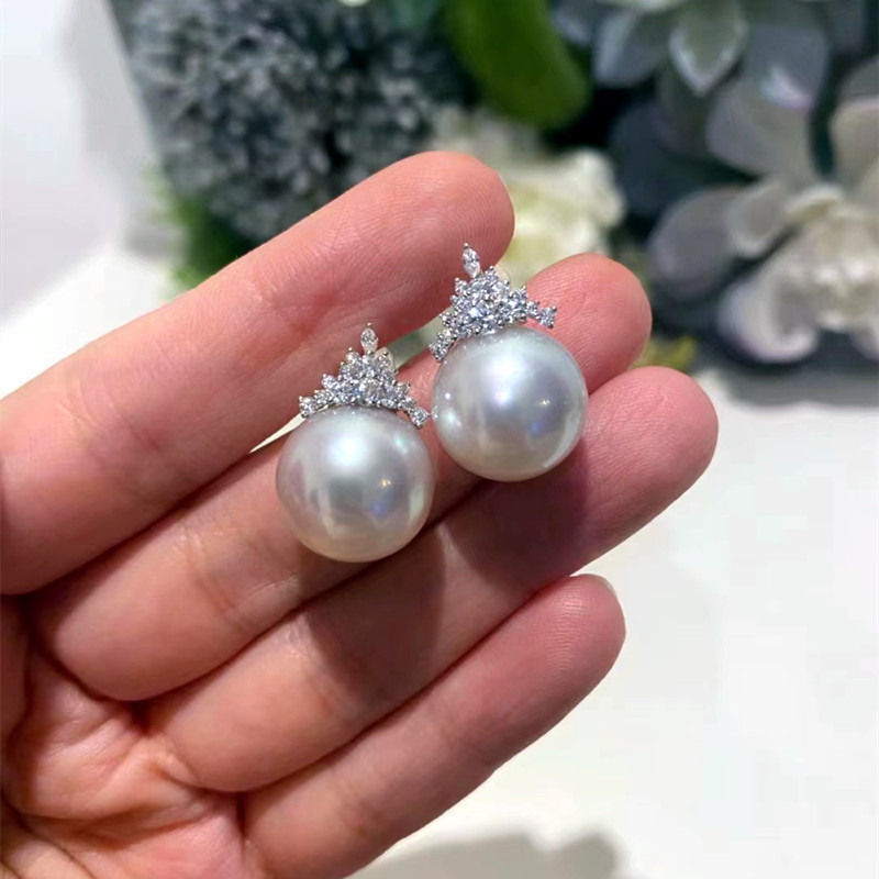 英国设计师topwhits925通体银冰雪女王耳钉女大颗正圆珍珠耳钉