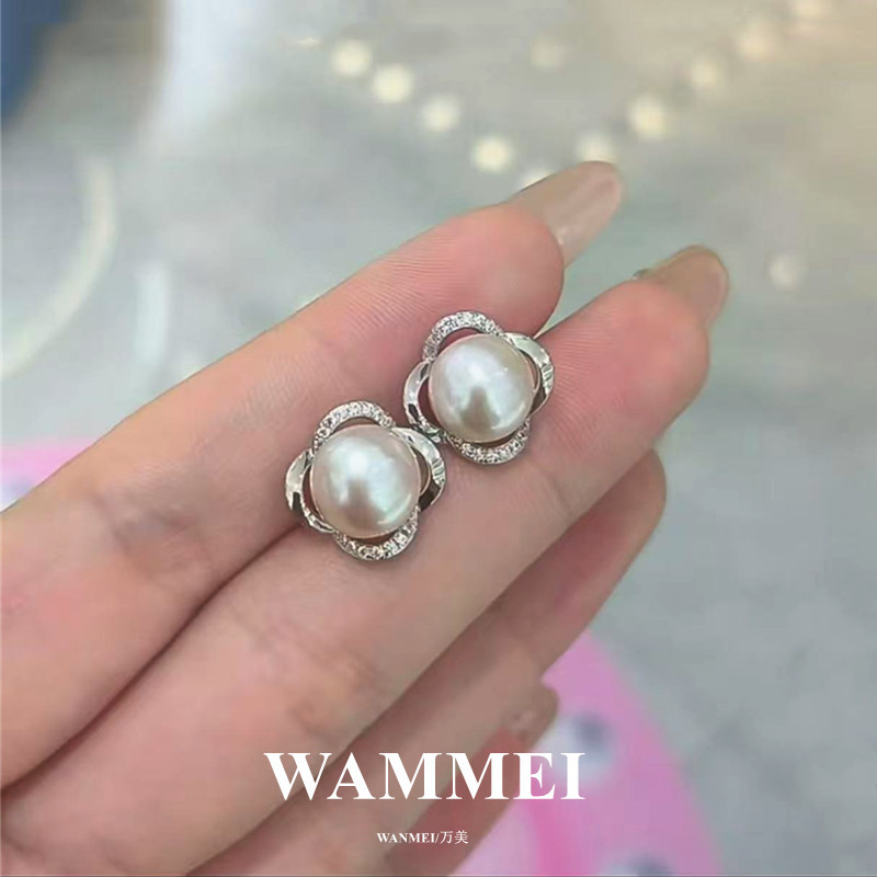 英国设计师topwhit925银淡水珍珠耳钉女简约复古百搭花朵镶锆耳环