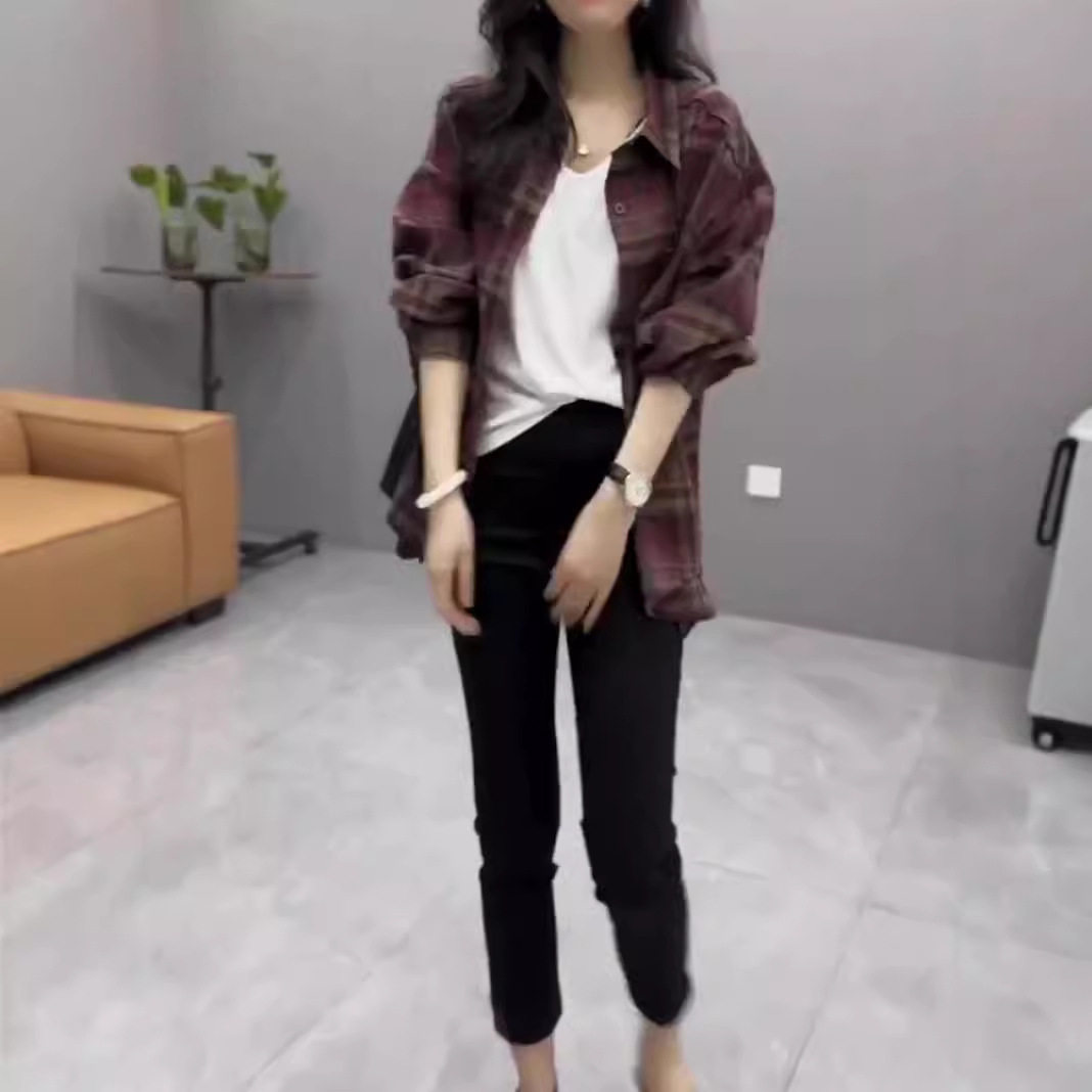法国chrry koop秋季新款翻领格纹衬衫时尚黑色小脚裤女