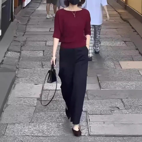 法国chrry koop秋季新款色圆领半袖上衣垂感休闲裤时尚女