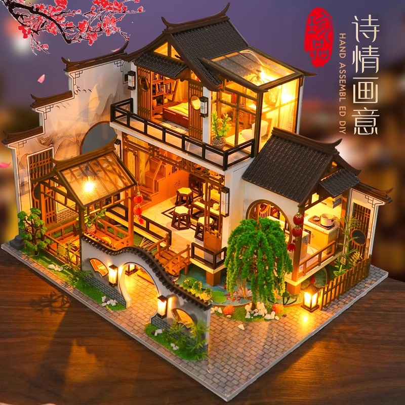 diy小屋诗情画意中国古风木质房子手工制作拼装玩具建筑模型别墅