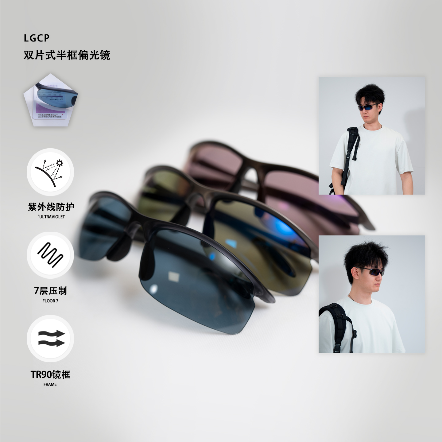 PCTR90偏光骑行钓鱼开车2级太阳镜双片式半框墨镜 | 都叫我老盖