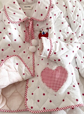 侘町蝴蝶结波点Kitty2025新款冬季休闲套装三层夹棉睡衣女家居服