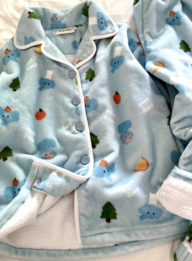 侘町2025新款GOOD大象法兰绒冬季睡衣女加绒可外穿卡通保暖家居服