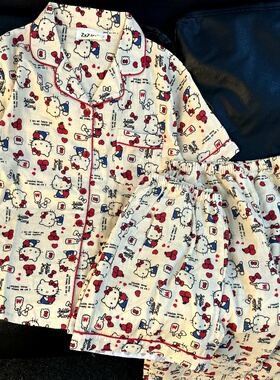 侘町苹果Kitty纯棉睡衣女春夏款卡通短袖三件套可外穿家居服套装