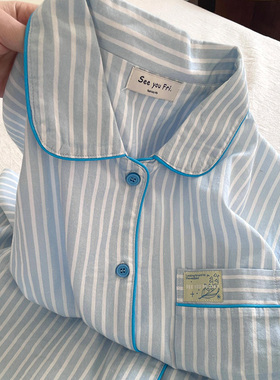 侘町2025新款ins风简约蓝条纹纯棉长袖睡衣女春秋季韩系家居服春